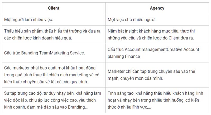 Marketing Agency có khác biệt như thế nào với các công ty Client ?